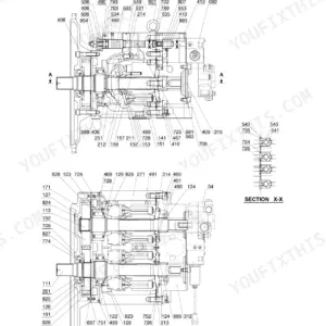 Hyundai R200W-7 main pump exploded view showing piston pumps, valve block, and section A-A and X-X component diagrams.