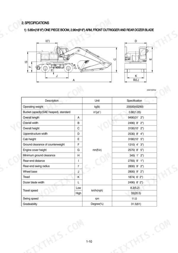 Hyundai R200W-7 excavator specifications table and dimensional diagram for one-piece boom, arm, outrigger, and dozer blade.