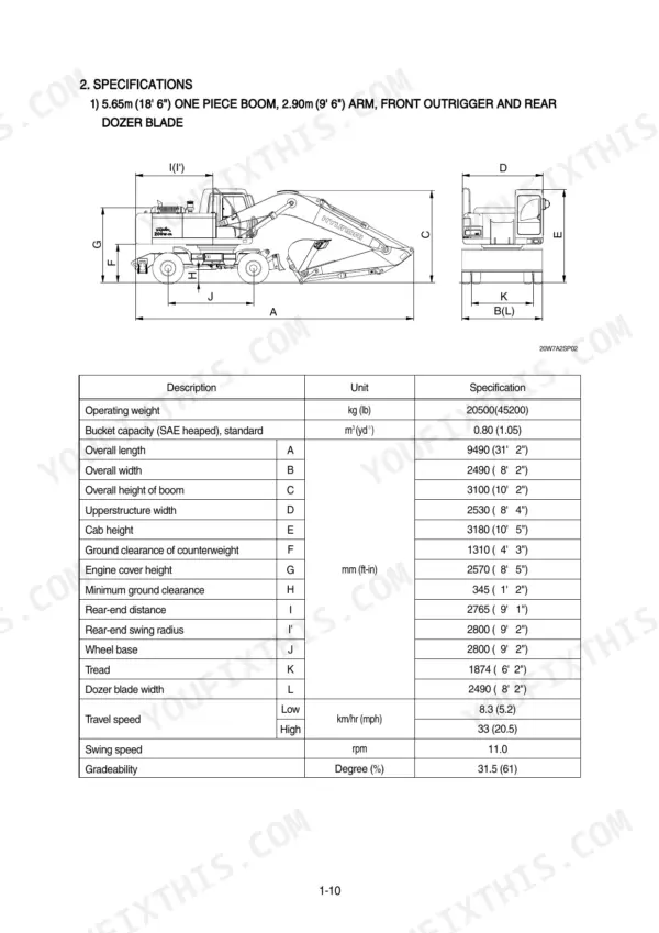 Hyundai R200W-7A specifications table and dimension diagram for boom, arm, outrigger, and dozer blade configuration.