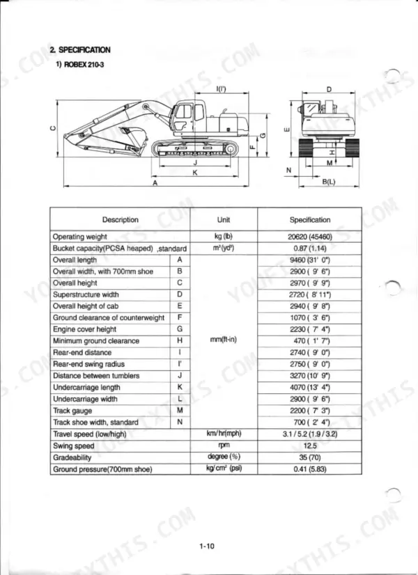 Hyundai R210-3, R210LC-3 excavator dimensional diagram and technical specification table including weight and dimensions.