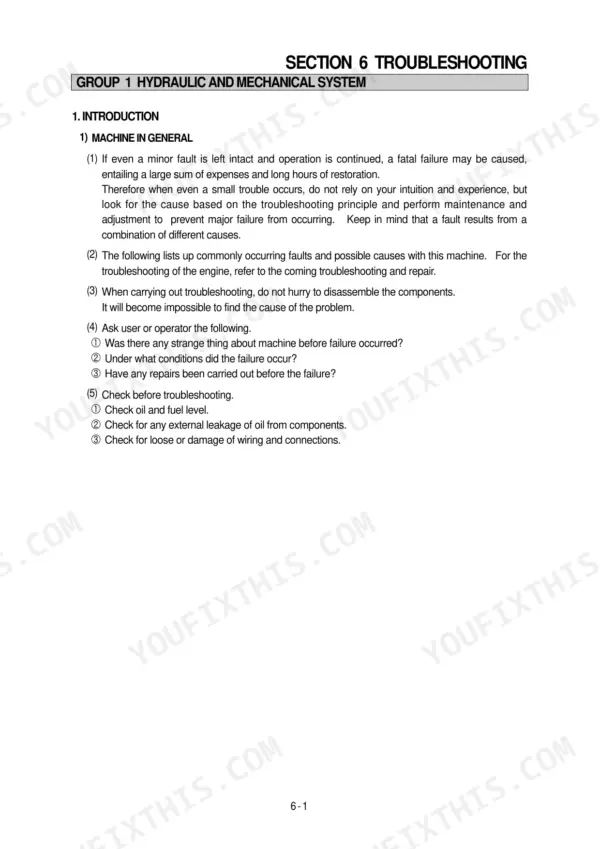Hyundai R210-3, R210LC-3 troubleshooting guide for hydraulic and mechanical systems, covering general inspection procedures.