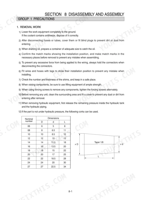 Hyundai R210LC-9 disassembly and assembly precautions and taper cork dimension table