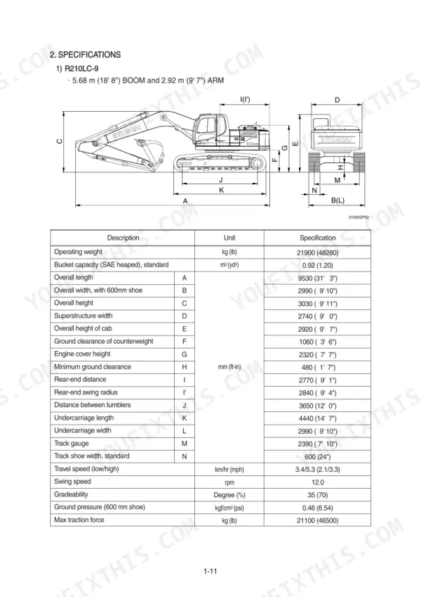 Hyundai R210LC-9 excavator dimensions diagram and technical specifications table including operating weight and travel speed.