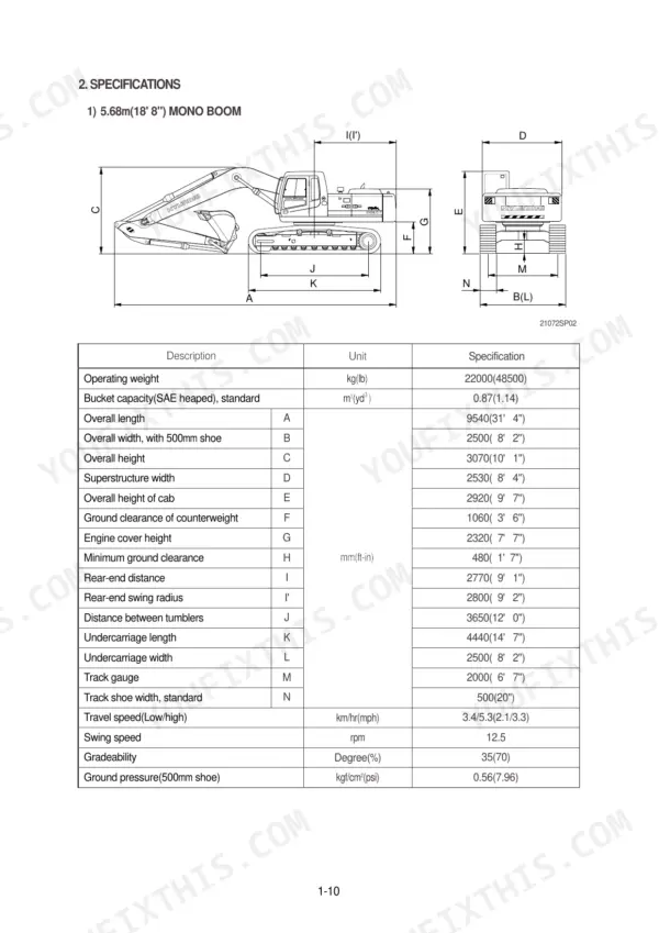 Hyundai R210NLC-7, 210NLC-7 mono boom specifications diagram and dimension table with operating weight and travel speed data.