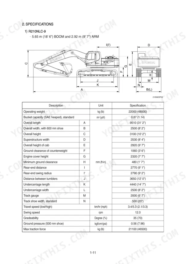 Hyundai R210NLC-9 excavator dimensions diagram and technical specifications table including operating weight and travel speed.