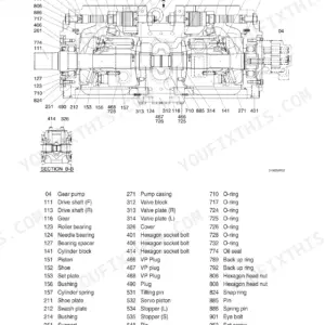 Hyundai R235LCR-9 main pump exploded view diagram and numbered parts list for piston pumps and valve block components.