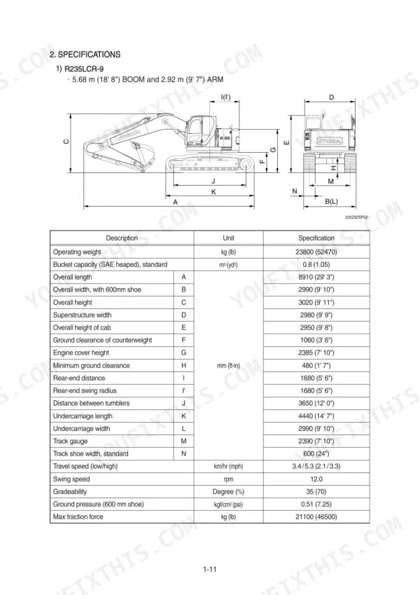 Hyundai R235LCR-9 excavator dimensions diagram and technical specifications table for operating weight, speed, and dimensions.