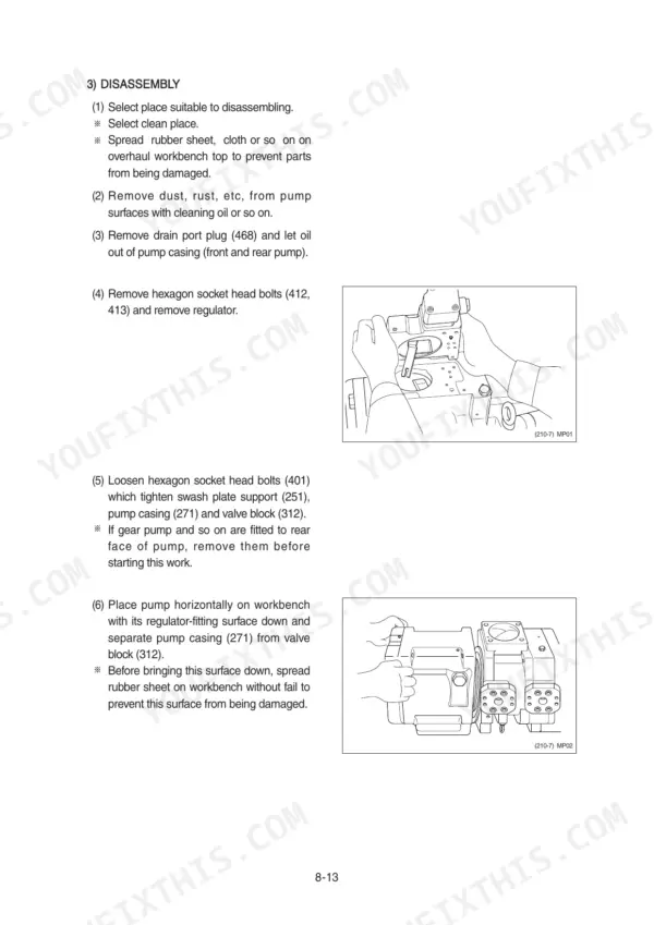 Hyundai R250LC-9 disassembly procedure for main hydraulic pump casing and regulator.