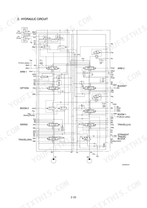 Hyundai R250LC-9 hydraulic circuit diagram showing main control valve and pump connections.