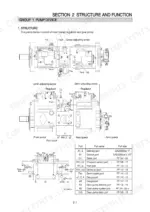 hyundai-r300lc-7-crawler-excavator-service-manual-system-diagram-40.webp Hyundai R300LC-7 main pump structure diagram, regulator, gear pump components, and hydraulic port size specification table.