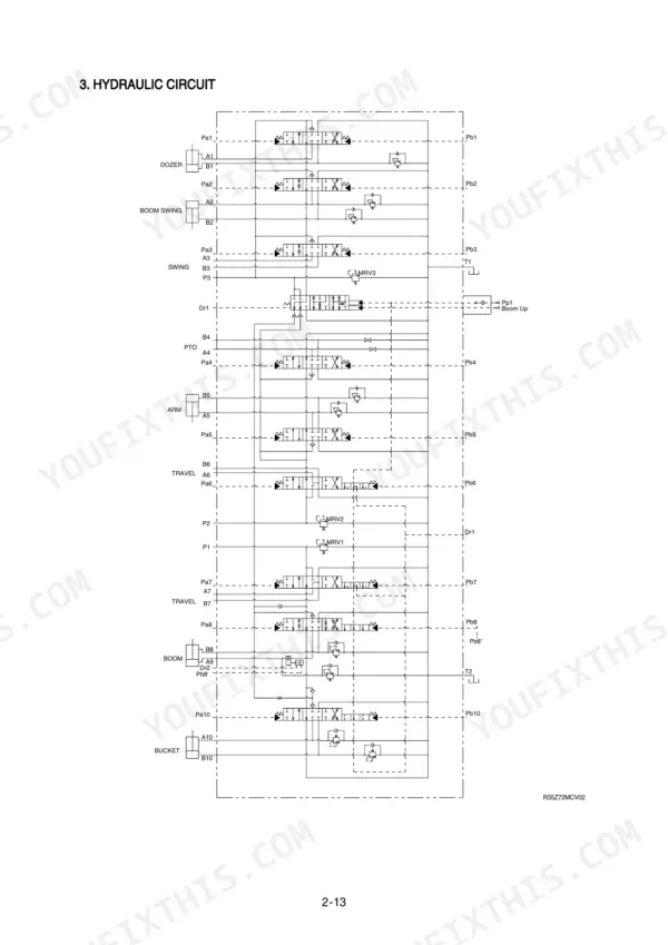 Hyundai R35Z-7A hydraulic circuit diagram showing control valve spool functions for dozer, swing, travel, arm, boom, and bucket.