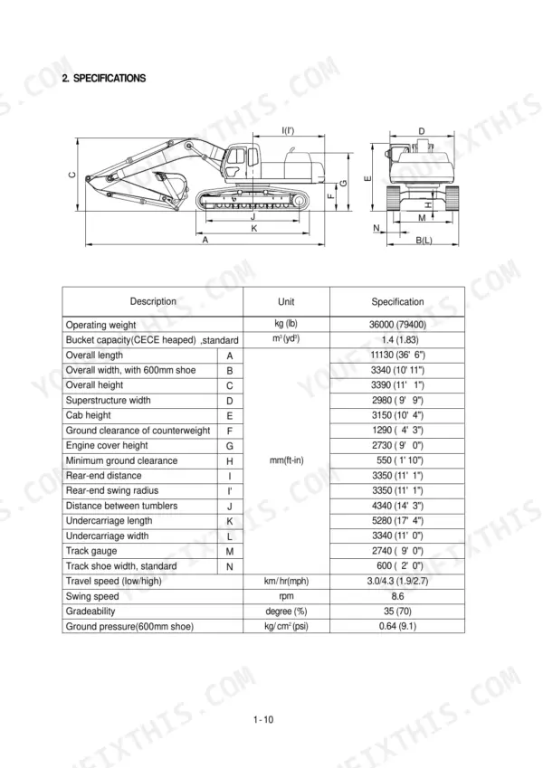 Hyundai R360LC-3 excavator specifications table with dimensional diagram showing overall length, height, and operating weight data.