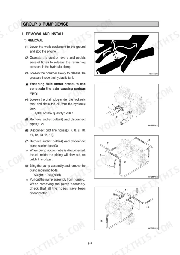 Hyundai R360LC-7A pump device removal and installation procedure with hydraulic suction tube and pilot line hose diagrams.