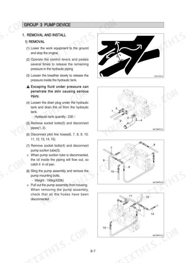 Hyundai R370LC-7 hydraulic pump device removal and installation procedure with component diagrams and hose connection steps.