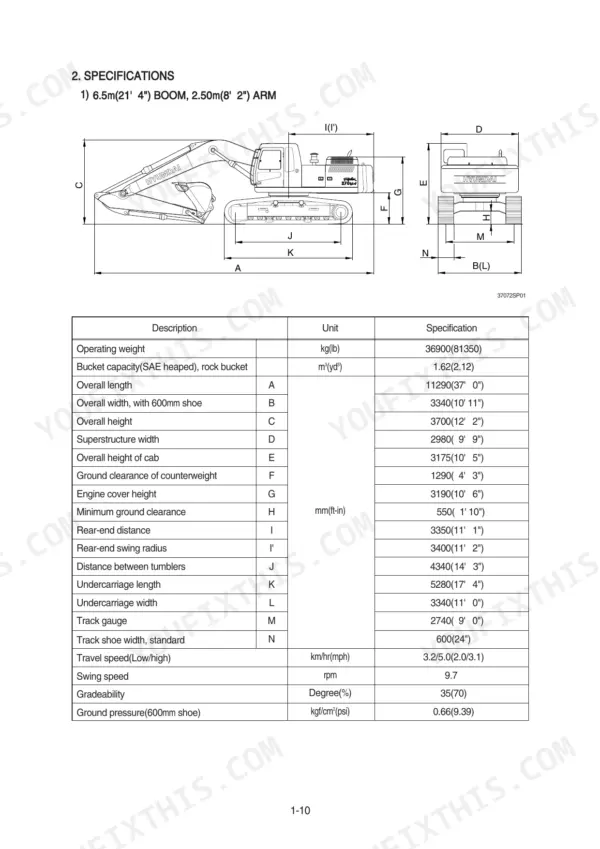 Hyundai R370LC-7 excavator technical specifications table and dimensional diagram with 6.5m boom and 2.50m arm.