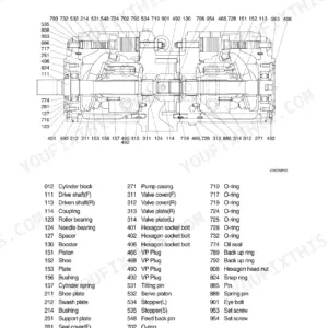 Hyundai R500LC-7 main pump exploded view diagram with numbered parts list for piston pumps and valve block components.