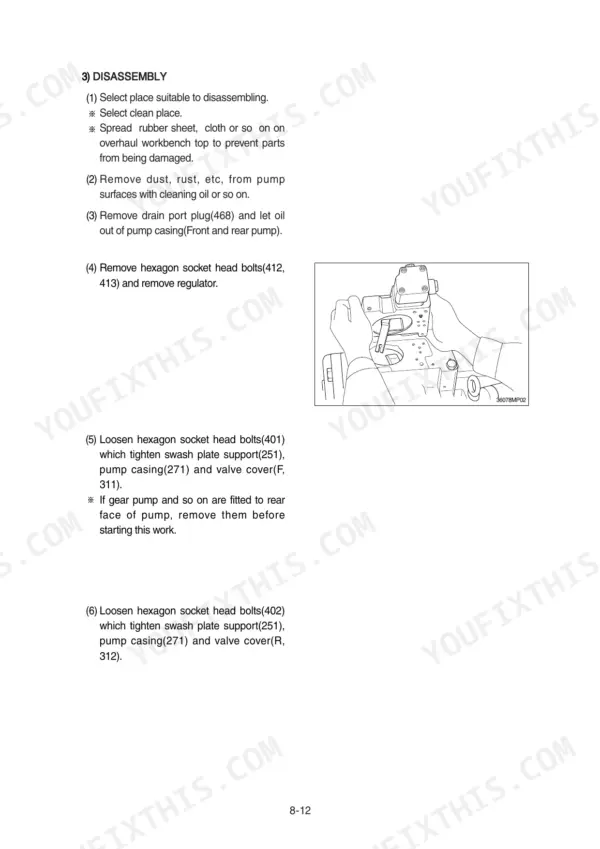 Hyundai R500LC-7 hydraulic pump disassembly procedure, including regulator removal and swash plate support bolt instructions.