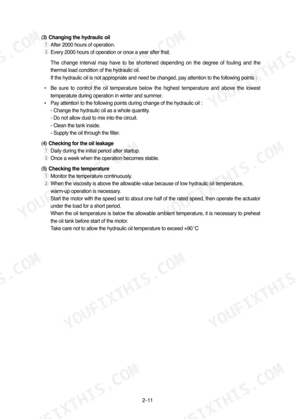 Hyundai R55-3, ROBEX 55-3 service manual page covering hydraulic oil change, leakage checks, and temperature monitoring procedures.