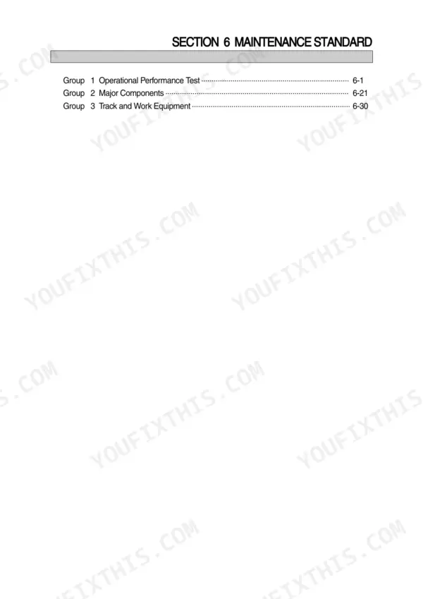 Hyundai R55-7 service manual Section 6 Maintenance Standard table of contents for performance tests and major components.