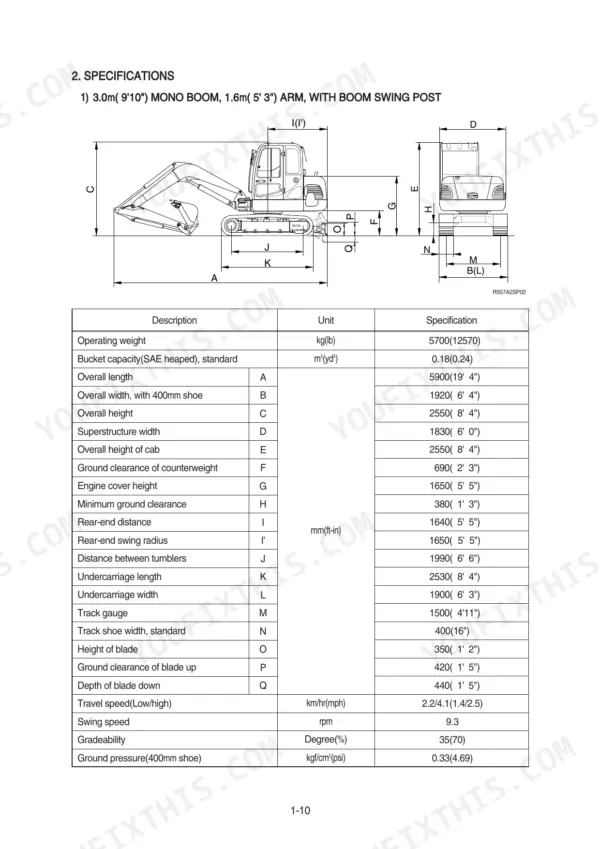 Hyundai R55-7A, ROBEX specifications table and dimensional diagram for 3.0m boom and 1.6m arm configuration.