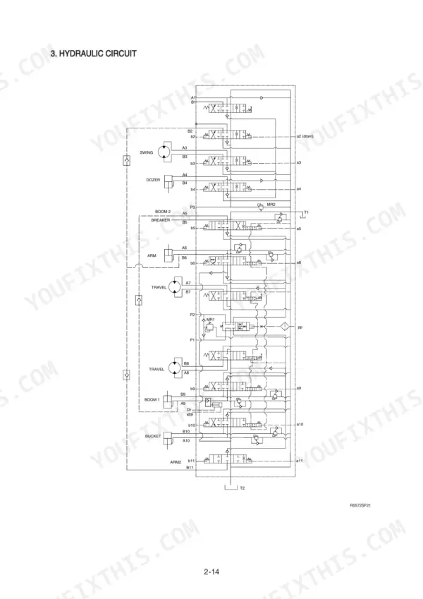 Hyundai R55-7A, ROBEX hydraulic circuit diagram showing main control valve sections for swing, dozer, boom, arm, travel, and bucket.