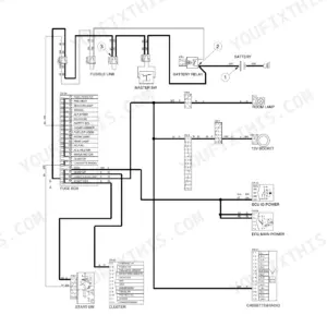 Hyundai R55-7A, ROBEX power circuit wiring diagram showing battery, master switch, fuse box, and electrical components.
