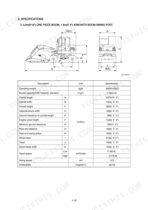 Hyundai R55W-7A excavator specifications table with dimensional diagrams for boom, arm, and machine operating weight.