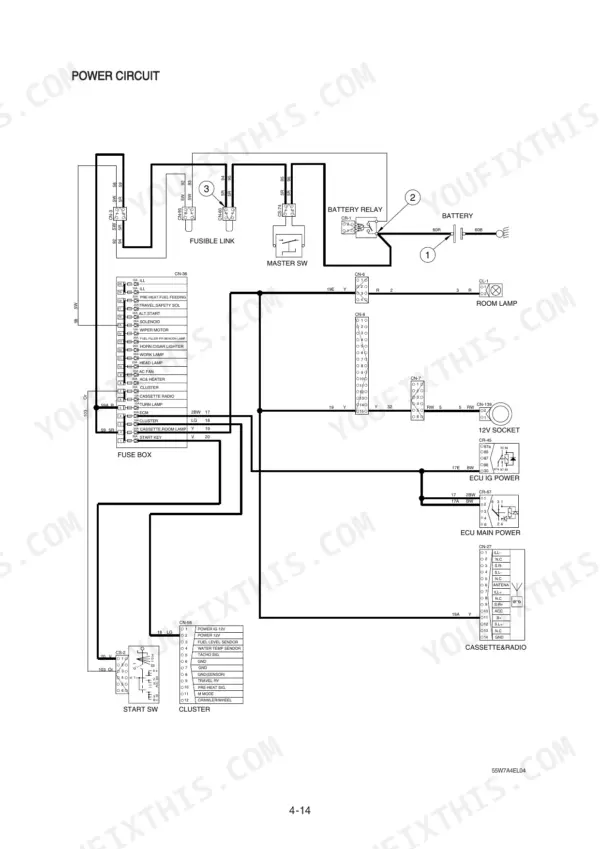 Hyundai R55W-7A power circuit wiring diagram showing battery, master switch, fuse box, and electrical component connections.