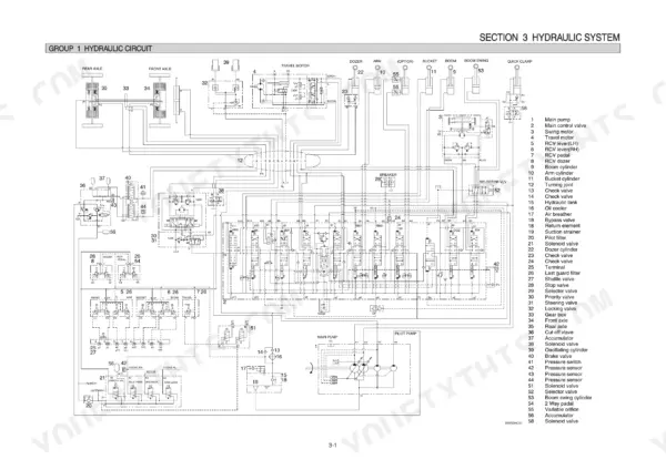 Hyundai R55W-9 hydraulic circuit diagram showing main pump, control valves, cylinders, and component legend for the system.