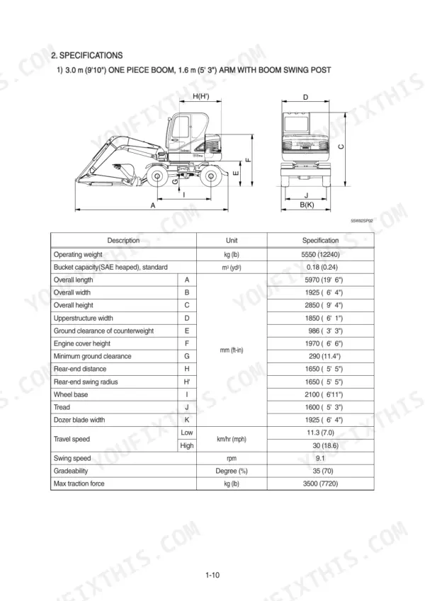 Hyundai R55W-9 excavator dimensions diagram and technical specifications table for weight, capacity, and travel speed.