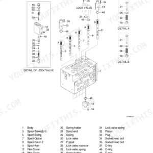 Hyundai R80-7, ROBEX 80-7 exploded view of control valve structure, lock valve components, and spool assemblies with parts list.
