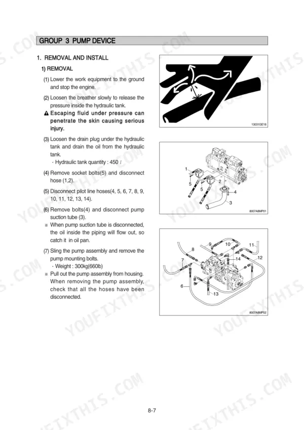 Hyundai R800LC-7A pump device removal and install procedure with hydraulic pump hose connection diagrams.