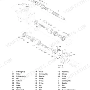 Hyundai R95W-3 main pump exploded view diagram showing rotary group, pistons, cylinder block, and internal components.