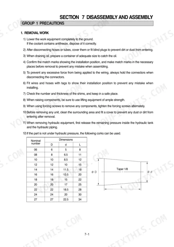 Hyundai R95W-3 disassembly and assembly precautions, removal work procedures, and cork dimension table for hydraulic piping.
