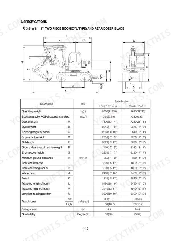 Hyundai R95W-3 specifications table and dimension diagram for two-piece boom and rear dozer blade configuration.