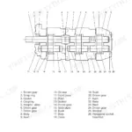 Hyundai Robex 16-7 gear pump structure diagram with numbered parts list including driven gears, bushings, and oil seals.