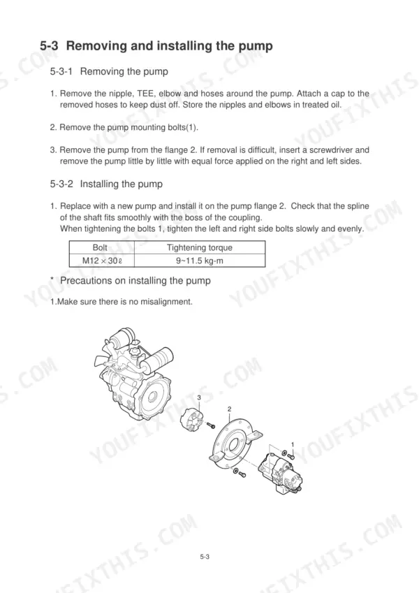 Hyundai Robex 22-7 hydraulic pump removal and installation procedure with torque table and exploded view diagram.