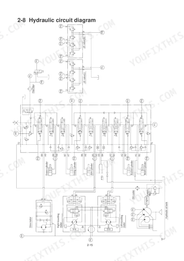 Hyundai Robex 22-7 hydraulic circuit diagram showing main control valves, travel motors, and cylinder connections.