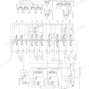 Hyundai Robex 28-7 hydraulic circuit diagram showing main control valves, travel motors, cylinders, and oil cooler connections.