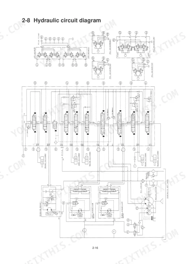 Hyundai Robex 35-7 hydraulic circuit diagram showing main control valves, travel motors, and cylinder connections.