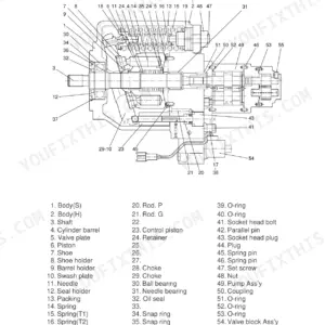 Hyundai Robex 75-7 hydraulic pump exploded view diagram and numbered parts list including shaft, piston, and valve block.