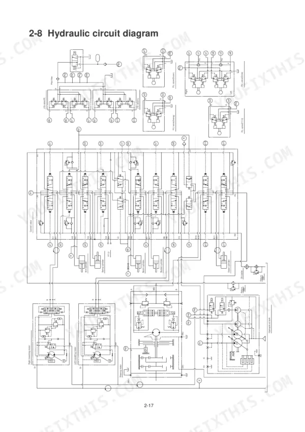 Hyundai Robex 75-7 hydraulic circuit diagram showing control valve, travel motors, cylinders, and pilot valves.