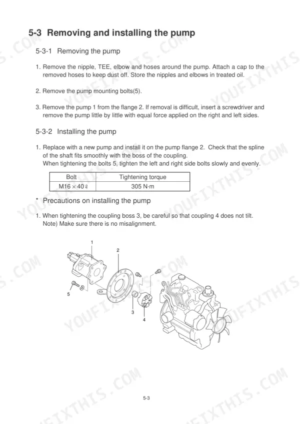 Hyundai Robex 75-7 hydraulic pump removal and installation procedure with torque specs and component diagram.