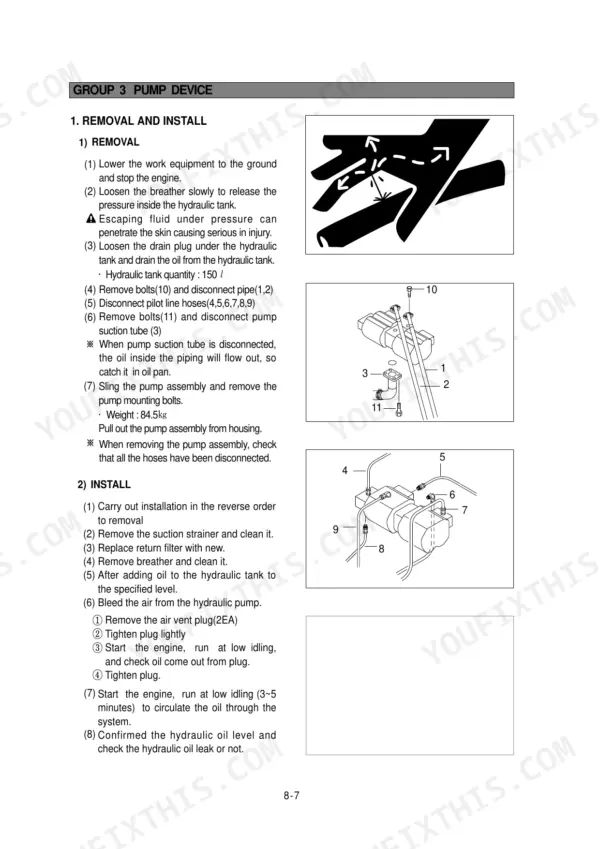 Hyundai ROBEX 130LC-3, ROBEX 130LCM-3 hydraulic pump device removal and installation procedure diagrams and instructions.