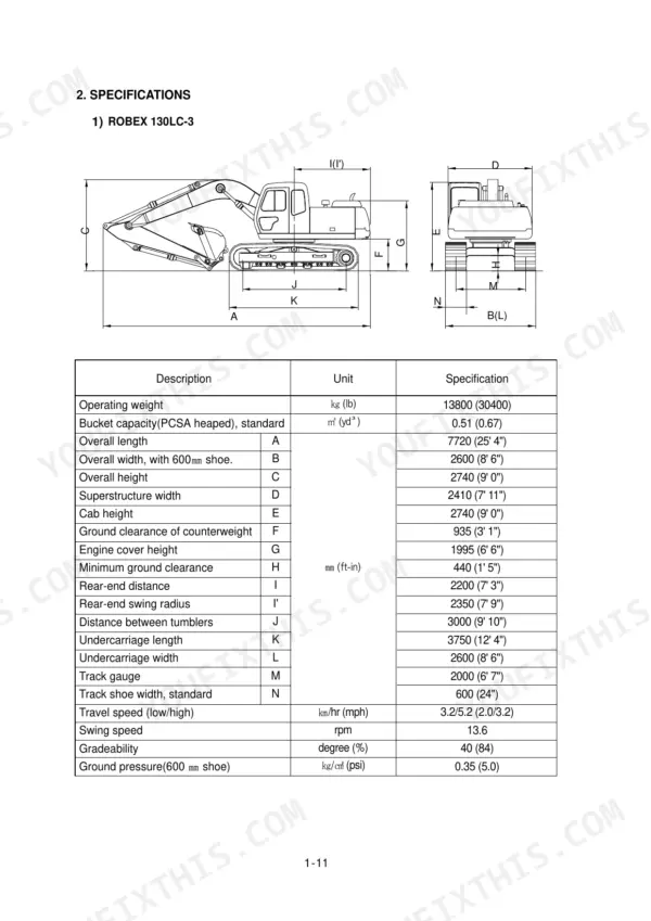 Hyundai ROBEX 130LC-3, ROBEX 130LCM-3 specifications table and dimensional diagram showing machine measurements.