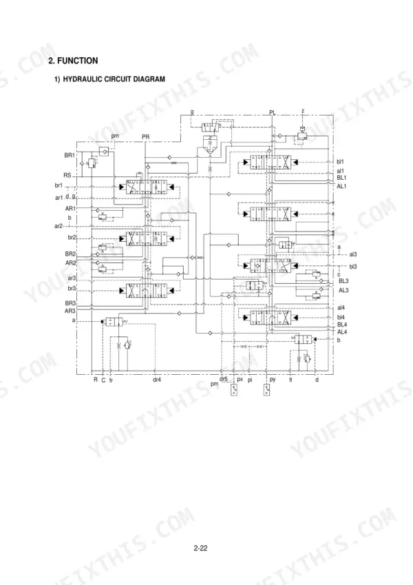 Hyundai ROBEX 130LC-3, ROBEX 130LCM-3 hydraulic circuit diagram showing control valve spool functions and port connections.