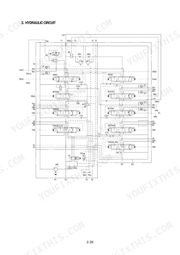 Hyundai R250LC-3, R250NLC-3 hydraulic circuit diagram showing main control valve spool functions.
