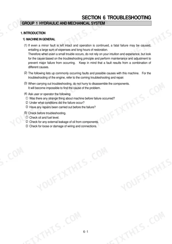 Hyundai R250LC-3, R250NLC-3 troubleshooting introduction for hydraulic and mechanical systems.