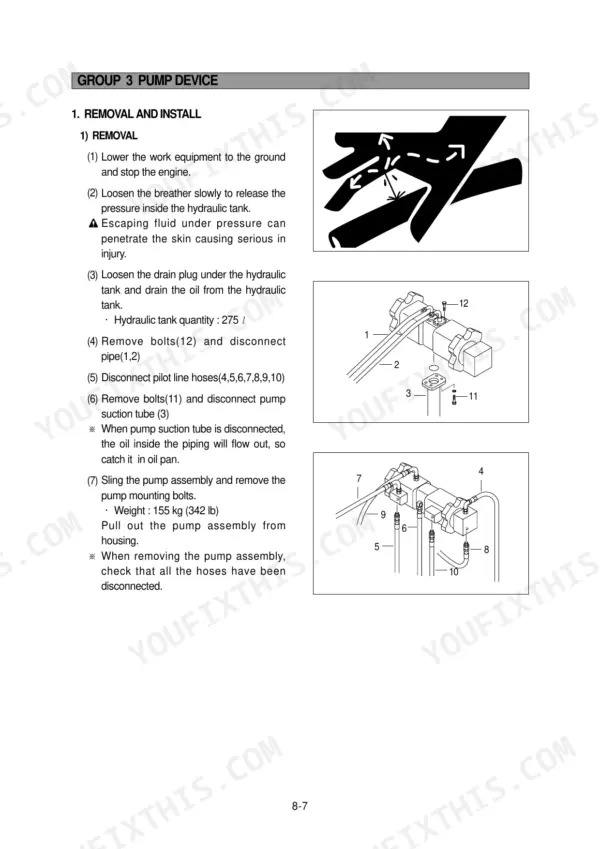 Hyundai R290LC-3, R290NLC-3, R290-3 pump device removal and installation procedure with hydraulic hose diagrams.