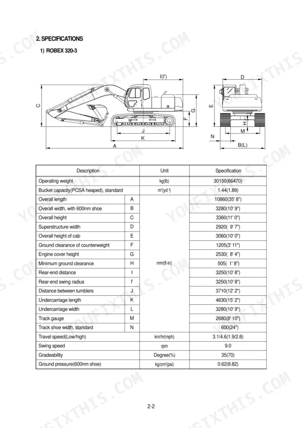Hyundai ROBEX 320-3, 320LC-3, 320NLC-3 technical specifications table and dimensional diagram for excavator.
